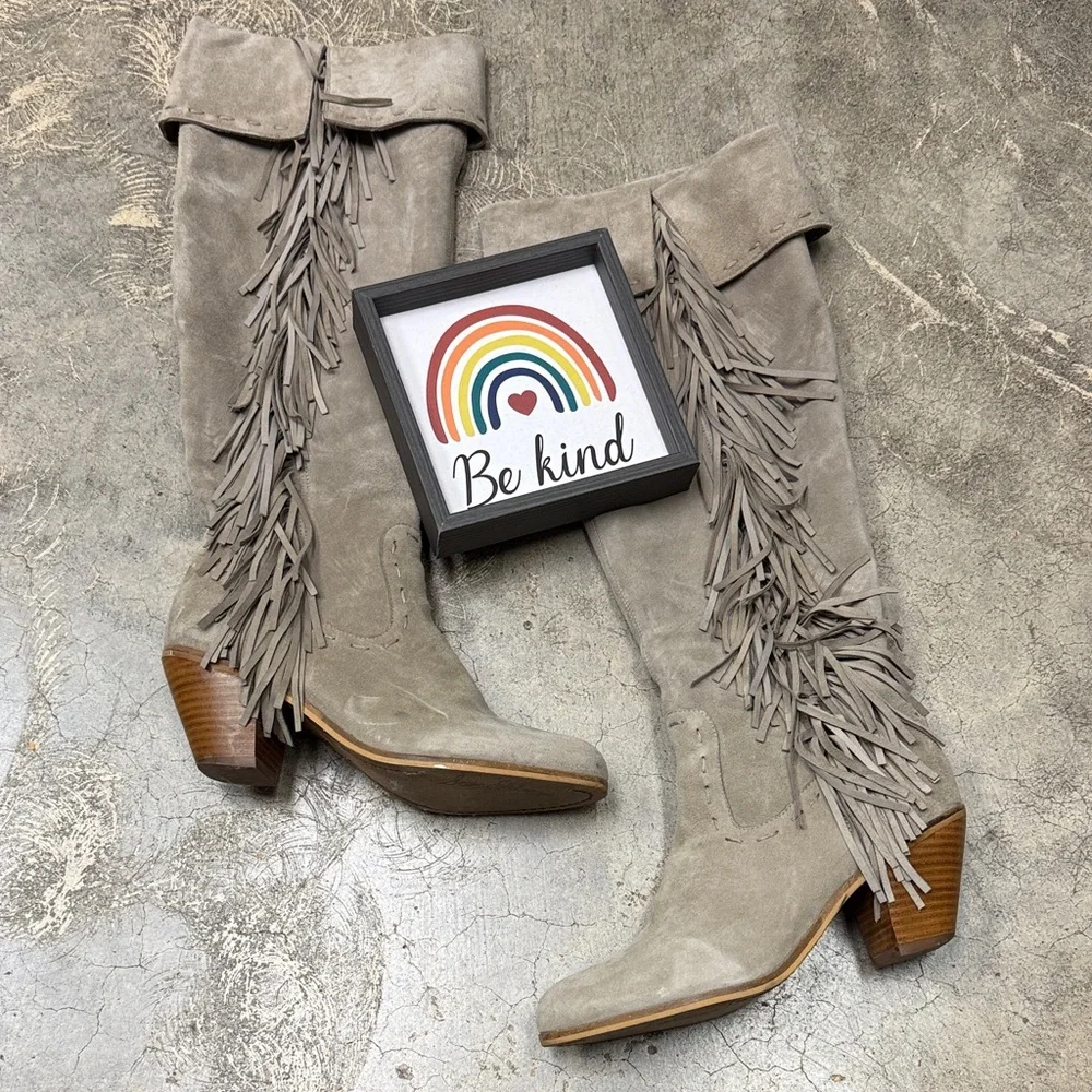 * Sam Edelman Over the Knee Fringe Boots - Gray